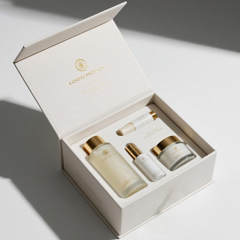 Ivory white magnetic box with hot-stamped logo and EVA insert